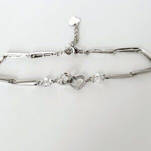 Sterling Silver Interlock Heart Bar Link Chain Bracelet Cubic Zirconia 7"